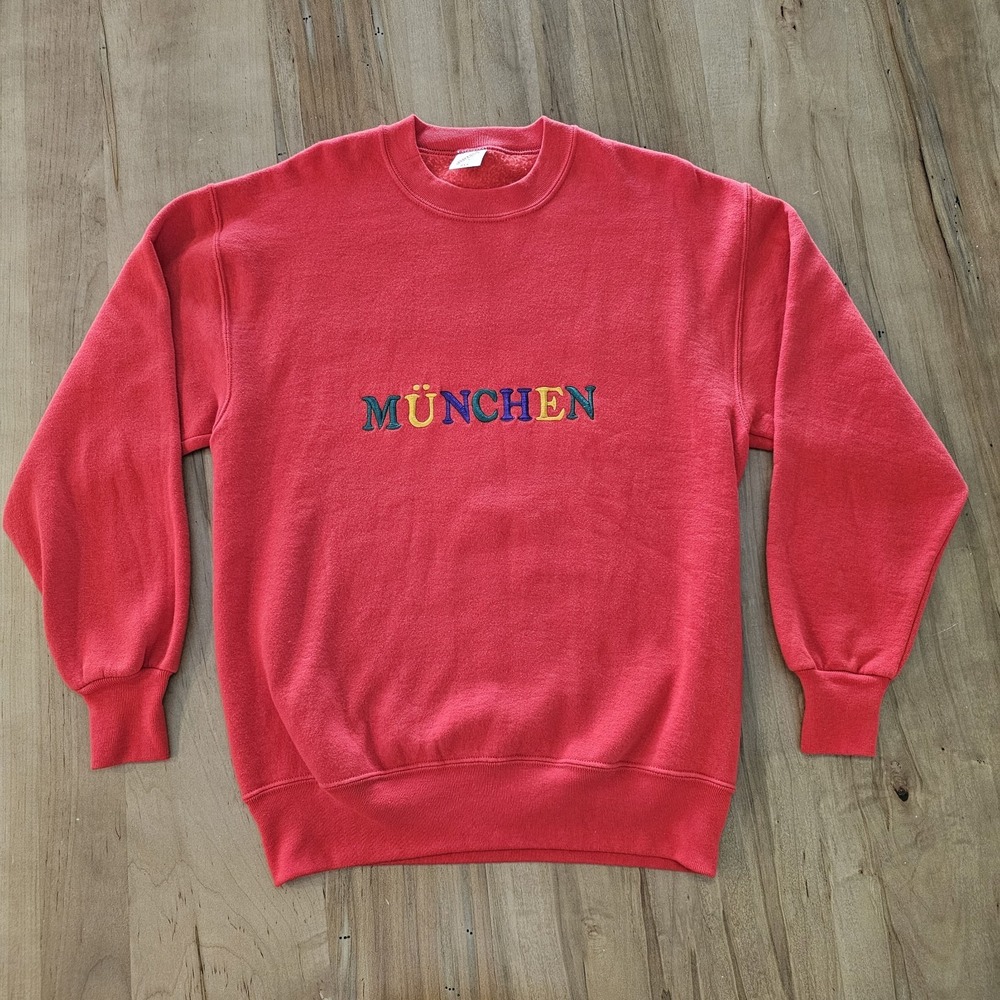 Vintage Jerzees Large Crewneck Sweater Sweatshirt Embroidered München Munich Red